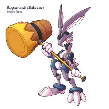 Rule 34 | 1boy, 2000s (style), animal ears, armor, bugs bunny, character name, commentary, copyright name, english commentary, full body, grey armor, hammer, highres, holding, humanoid robot, karakatodzo, looking at viewer, looney tunes, mechanization, mega man (series), mega man zero (series), nakayama tooru (style), parody, rabbit boy, rabbit ears, rabbit tail, red eyes, robot, simple background, standing, style parody, tail, weapon, white background, wings