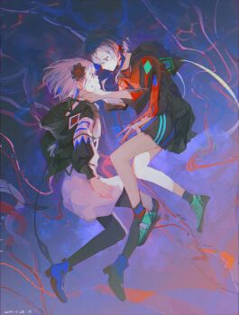Rule 34 | 2girls, abstract background, ankle boots, black pantyhose, blue eyes, blue footwear, blue hair, boots, cevio, dated, dress, dual persona, floating, from side, full body, green footwear, hair ornament, hand on another's face, highres, hood, hood down, hooded dress, kamitsubaki studio, long sleeves, looking at another, multicolored dress, multicolored hair, multiple girls, ofgwr, pantyhose, red hair, rim (kamitsubaki studio), rime (cevio), shoes, short hair, sneakers, socks, three-quarter sleeves, two-tone hair, virtual youtuber, white hair