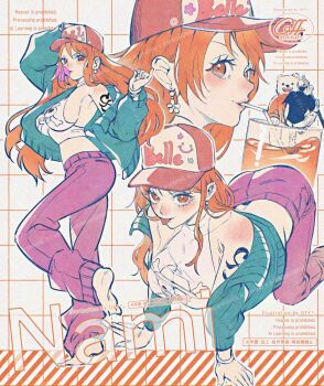 Rule 34 | 1girl, 2boys, all fours, armpit crease, ass, baggy pants, bare shoulders, barefoot, baseball cap, bepo (one piece), blue jacket, blush, bracelet, breasts, brown eyes, character name, chewing gum, commentary request, crop top, drink, drinking, drinking straw, earrings, flower earrings, from side, full body, hat, jacket, jewelry, juice, large breasts, long hair, midriff, multiple boys, multiple views, nami (one piece), official alternate costume, one piece, open clothes, open jacket, orange hair, orange juice, pants, pearl earrings, purple pants, shirt, shoulder tattoo, sideboob, sleeveless, sleeveless shirt, standing, standing on one leg, tattoo, tongue, tongue out, trafalgar law, twitter username, upper body, wavy hair, white shirt, yum xoxo yum