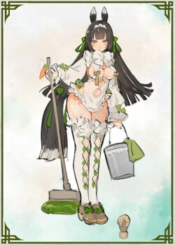 1girl animal_ears artist_request black_hair blush breasts broom bucket framed full_body has_a_figure high_heels long_hair looking_at_viewer maid maid_headdress medium_breasts midori-chan navel shoes sketch star_kageboshi thighhighs white_thighhighs yellow_eyes