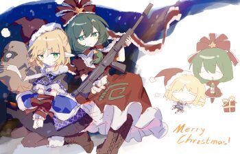 2girls absurdres bag bell black_skirt blonde_hair bomb boots bound bound_wrists brown_boots chibi chibi_inset christmas christmas_star dress explosive frilled_dress frilled_ribbon frills gift green_eyes green_hair gun hair_ribbon hashtag-only_commentary hat hat_ornament highres holding holding_gun holding_weapon kagiyama_hina kneeling lace-up_boots mizuhashi_parsee multiple_girls red_dress red_ribbon ribbon santa_hat short_sleeves skirt smile snow star_(symbol) star_hat_ornament touhou weapon wusem0108
