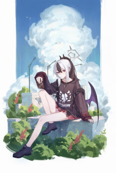 1girl areaaaron backpack bag black_choker black_hair black_hoodie black_horns black_nails blue_archive blue_sky box bright_pupils choker cloud commentary demon_horns demon_wings earclip full_body gehenna_academy_logo grey_halo gun halo handgun highres holding holding_box holster hood hoodie horns kayoko_(blue_archive) lamppost leg_up long_sleeves looking_at_viewer low_wings miniskirt multicolored_hair nail_polish plant plant_request pleated_skirt ponytail purple_wings red_eyes red_skirt shoulder_holster simple_bird single_wing sitting skirt sky sleeves_past_wrists solo two-tone_hair weapon white_hair white_pupils wings