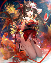 Rule 34 | 1girl, absurdres, black footwear, black hair, breasts, butterfly-shaped pupils, c1718259, commentary request, fireworks, fish, fox mask, full body, goldfish, hair ribbon, highres, honkai: star rail, honkai (series), japanese clothes, kimono, kneeling, long hair, mask, mask on head, obi, open mouth, panties, red eyes, red kimono, red ribbon, ribbon, sash, shoes, small breasts, solo, sparkle (honkai: star rail), string, symbol-shaped pupils, twintails, underwear, very long hair, white panties, wrist cuffs