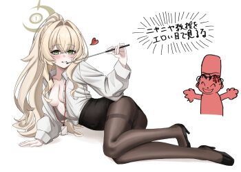 1boy 1girl black_pantyhose black_shoes black_skirt blue_archive blush breasts crossed_bangs doodle_sensei_(blue_archive) doumu_(31678316) green_eyes green_halo grin hair_between_eyes halo high-waist_skirt high_heels highres holding holding_pointer id_card long_hair miniskirt no_bra open_clothes open_shirt pantyhose pointer ponytail professor_niyaniya_(blue_archive) professor_niyaniya_(teacher)_(blue_archive) sensei_(blue_archive) shirt shoes sidelocks skirt smile thighband_pantyhose white_shirt