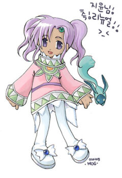 ! !! &gt;_&lt; 1girl :d aqua_gemstone aqua_tail archived_source arms_at_sides artist_name blue_gemstone boots bow child commentary_request creature dark-skinned_female dark_skin dated_commentary dress footwear_bow forehead_jewel full_body gem jang_sun-yeong korean_commentary korean_text long_sleeves looking_at_viewer lowres medium_hair open_mouth original pink_dress pink_sleeves purple_eyes purple_hair short_dress sidelocks simple_background smile solo_focus thigh_boots tongue translation_request twintails white_background white_boots white_bow wide_sleeves