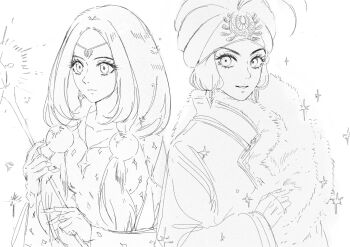 2drucy 2girls candy_mieux cinnamon_meilleure commentary_request earrings eyelashes greyscale hat high_collar highres holding holding_scepter jewelry korean_commentary looking_at_viewer monochrome multiple_girls scepter simple_background sparkle sugar_sugar_rune twintails upper_body wide_sleeves