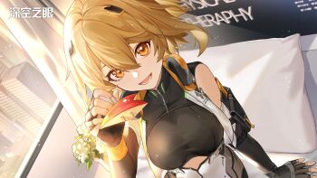 1girl :d aether_gazer apple_rabbit bed black_gloves black_shirt black_sleeves blonde_hair breasts chinese_commentary clothing_cutout commentary_request detached_sleeves fingerless_gloves food food_art fork from_above gloves hair_between_eyes hair_ornament headphones headphones_around_neck hermes_(aether_gazer) highres holding holding_fork hospital_bed incoming_food indoors large_breasts looking_at_viewer lower_teeth_only medium_hair official_art official_wallpaper open_mouth shirt sidelocks smile solo teeth two-tone_shirt underboob_cutout white_shirt yellow_eyes