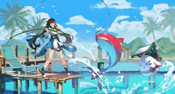 1girl beach_chair bird blue_sky brown_eyes brown_hair brown_shoes chinese_commentary cloud commentary_request day dress fish fishing fishing_rod highres holding holding_fishing_rod honkai_(series) honkai_impact_3rd inixixi jingwei_(bird) li_sushang li_sushang_(peregrine_sword) long_hair mountainous_horizon shoes sky too_many too_many_birds tree very_long_hair water white_dress