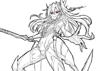 Rule 34 | 1girl, commentary request, covered navel, double-parted bangs, evil grin, evil smile, floating hair, gloves, greyscale, grin, hair between eyes, hatching (texture), high side ponytail, highres, holding, holding sword, holding weapon, kazanari tsubasa, kyomeihibiki, linear hatching, looking at viewer, monochrome, parted lips, red eyes, senki zesshou symphogear, side ponytail, signature, simple background, sketch, skin tight, smile, solo, spot color, sword, symphogear pendant, twitter username, upper body, weapon, white background