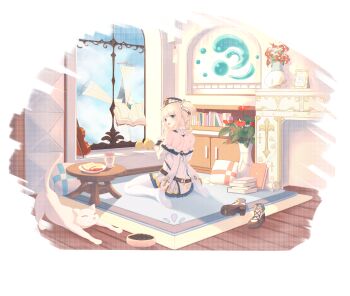 1girl absurdres baby_animal barbara_(genshin_impact) bare_shoulders bareback bird blonde_hair blue_eyes book bookshelf carpet cat chick commentary_request cupboard detached_sleeves dress drill_hair floating floating_object flower from_behind genshin_impact hair_between_eyes hat highres long_hair looking_at_viewer looking_back md5_mismatch no_shoes nun pantyhose pet_food pillow resolution_mismatch seelehan shoes sidelocks sitting soles solo source_smaller stretching table twin_drills twintails unworn_shoes vase vision_(genshin_impact) wariza white_cat white_dress white_pantyhose window wooden_floor