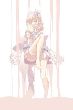 1other absurdres akiyama_mizuki bare_legs barefoot chinese_commentary commentary_request dress expressionless frilled_dress frills highres id_smile_(vocaloid) liquid lyvysn official_alternate_costume pastel_colors pink_eyes pink_hair project_sekai ribbon secret_distance_(project_sekai) side_ponytail sitting solo white_background