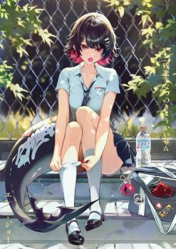 1girl adjusting_clothes adjusting_legwear bag black_hair black_necktie black_shoes bottle candy chain-link_fence commentary_request ellen_joe ellen_joe_(on_campus) fence fins fish_tail food food_in_mouth lollipop looking_at_viewer necktie official_alternate_costume school_bag shark_girl shark_tail shirt shoes short_hair sitting socks solo tail water_bottle white_shirt white_socks zenless_zone_zero zuco