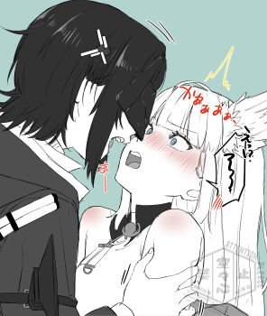 Rule 34 | 2girls, absurdres, animal ears, aqua background, arknights, arknights: endfield, bare shoulders, bird ears, bird girl, blue eyes, blush, coat, commentary, dress, endministrator (arknights), female endministrator (arknights), greyscale with colored background, hand on another's arm, highres, karakr shin, multiple girls, nose blush, open mouth, perlica (arknights), simple background, sleeveless, sleeveless dress, spot color, sweater, turtleneck, turtleneck sweater, untranslatable commentary, upper body, watermark, yuri