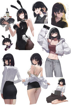 1girl absurdres animal_ears ass black_hair black_leotard bottle bra breasts brown_eyes camisole cheek_tattoo coat commentary dated_commentary fake_animal_ears from_behind green_panties grey_bra hand_in_pocket highres large_breasts leotard looking_at_viewer mac_star midriff navel open_clothes open_coat original panties playboy_bunny rabbit_ears red_camisole shirt simple_background smile star_(symbol) star_tattoo tattoo underwear views white_background white_coat white_shirt