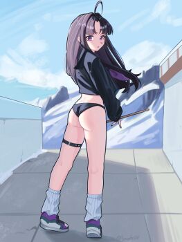 1girl absurdres ahoge ass awa_subaru black_hair black_nails black_panties black_shirt commentary drumsticks floating_hair girls_band_cry highres holding holding_drumsticks long_hair loose_socks nail_polish open_mouth panties purple_eyes ryyr7242 shirt sidelocks socks solo thigh_strap underwear white_socks