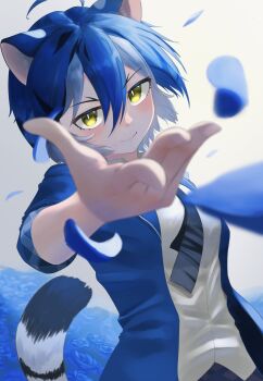 1girl animal_ears blue_flower blue_hair blue_rose blush commentary_request extra_ears flower highres jacket kemono_friends looking_at_viewer maltese_tiger_(kemono_friends) necktie r_(r_gavaaim) rose shirt short_hair simple_background solo tail tiger_ears tiger_girl tiger_tail upper_body yellow_eyes
