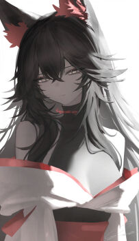 1girl animal_ear_fluff animal_ears bare_shoulders black_hair black_shirt closed_mouth commentary grey_eyes hair_between_eyes hair_over_shoulder half-closed_eyes highres japanese_clothes kimono long_hair long_sidelocks looking_at_viewer obi off_shoulder original ozeu0916 sash shirt sidelocks signature simple_background sleeveless sleeveless_shirt solo upper_body white_background white_kimono