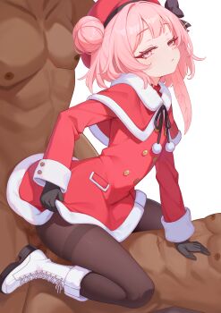 1girl 2boys absurdres anal ankle_boots beret black_bow black_gloves black_pantyhose blue_archive boots bow capelet censored closed_mouth clothed_female_nude_male commentary_request cross-laced_footwear dark-skinned_male dark_skin double_penetration dress expressionless feather_hair fur-trimmed_capelet fur_trim gloves group_sex hair_bun hat hat_bow highres linhangwei long_sleeves looking_at_viewer mmf_threesome mosaic_censoring multiple_boys muscular muscular_male navel nude official_alternate_costume official_alternate_hairstyle pantyhose pink_eyes pink_hair pom_pom_(clothes) red_capelet red_dress red_hat santa_costume santa_dress serina_(blue_archive) serina_(christmas)_(blue_archive) simple_background single_hair_bun single_side_bun thighband_pantyhose threesome white_background white_footwear