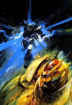 1980s_(style) 2boys afterburner antennae aoki_ryuusei_spt_layzner armor aura battle blue_eyes canopy clenched_hand cockpit energy energy_weapon flying glowing glowing_eyes gun helmet highres holding holding_gun holding_weapon layzner looking_to_the_side mecha mecha_focus multiple_boys official_art oldschool outstretched_arm pilot pilot_suit promotional_art realistic retro_artstyle robot scan science_fiction space spacesuit spoilers star_(sky) takani_yoshiyuki traditional_media weapon yellow_eyes zakaal zero_gravity