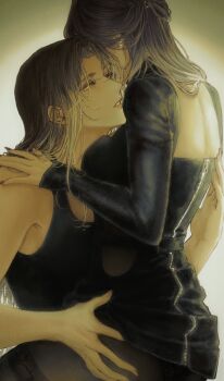 2girls absurdres angell_(path_to_nowhere) black_dress black_hair black_pantyhose chief_(path_to_nowhere) commentary dress earrings female_chief_(path_to_nowhere) grey_background hand_on_another&#039;s_shoulder hand_on_another&#039;s_waist highres huameitang jewelry long_hair multiple_girls pantyhose parted_lips path_to_nowhere red_nails sitting sitting_on_lap sitting_on_person white_streaks yellow_eyes yuri