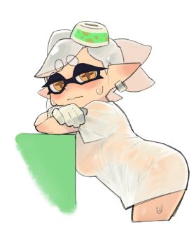 +_+ 1girl arm_rest arm_support bow-shaped_hair commentary earrings gloves grey_hair inkling jewelry leaning_forward leaning_on_object looking_at_viewer marie_(splatoon) nintendo no_bra no_panties no_pants object_on_head orly_custer pointy_ears see-through_clothes see-through_shirt shirt short_eyebrows solo splatoon_(series) splatoon_1 standing sweat sweaty_clothes tentacle_hair wavy_mouth wet white_background white_gloves white_shirt yellow_eyes