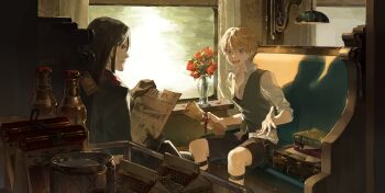 2boys absurdres black_eyes black_hair black_pants black_shorts blonde_hair blue_eyes book closed_mouth collared_shirt commentary_request fate/strange_fake fate_(series) flat_escardos flower highres indoors long_hair long_sleeves looking_at_another lord_el-melloi_ii lord_el-melloi_ii_case_files male_focus multiple_boys pants petals potato_goril profile red_flower shadow shirt short_hair shorts sitting sleeves_rolled_up train_interior waver_velvet white_shirt window