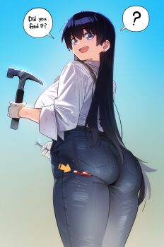 alternate_language arato_nagi arrow_(symbol) ass black_eyes black_hair breasts denim earrings gem gloves gradient_background hammer highres holding holding_hammer in_(ain) jeans jewelry large_breasts long_hair looking_at_viewer open_mouth pants ruri_no_houseki shirt sleeves_rolled_up solo speech_bubble two-tone_background white_gloves white_shirt