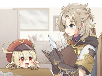 1boy 1girl ahoge albedo_(genshin_impact) black_hood blonde_hair blush book newsboy_cap chair chest_of_drawers commentary_request corn_kuten genshin_impact hat hat_feather holding holding_book indoors klee_(genshin_impact) looking_at_another messy open_book open_mouth peeking picture_frame pointy_ears ponytail red_eyes red_hat shirt short_ponytail short_twintails smile table twintails white_shirt window