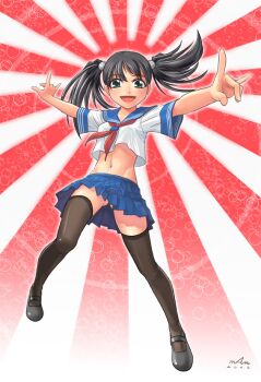 1girl black_hair black_thighhighs command_&amp;_conquer command_&amp;_conquer:_red_alert command_&amp;_conquer:_red_alert_3 female_focus green_eyes legs man_(trance) md5_mismatch midriff navel open_mouth red_alert_3 school_uniform serafuku skirt solo thighhighs twintails upskirt yuriko_omega zettai_ryouiki