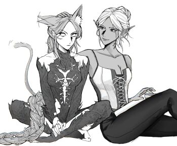 Rule 34 | 2girls, alternate costume, animal ears, baldur's gate, baldur's gate 3, bare shoulders, blank eyes, bodysuit, book, book on lap, braid, cat ears, cat girl, cat tail, cleavage cutout, clothing cutout, collarbone, collared bodysuit, commentary, corset, covered collarbone, crutch c, detached sleeves, dungeons & dragons, ear wiggle, elf, feet out of frame, full body, greyscale, hair bun, hair ornament, hand on another's head, hand on own leg, headpat, highres, indian style, kemonomimi mode, long hair, looking at another, low-braided long hair, low-tied long hair, minthara, monochrome, multiple girls, neck tattoo, orin the red, pants, pointy ears, short hair, simple background, single braid, single hair bun, sitting, smile, symbol-only commentary, tail, tattoo, white background, yuri