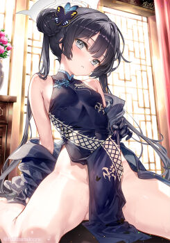 1girl armpit_crease bare_legs bare_shoulders black_dress black_gloves black_hair black_jacket blue_archive breasts butterfly_hair_ornament china_dress chinese_clothes clothes_lift commentary_request dragon_print dress fujima_takuya gloves grey_eyes hair_bun hair_ornament halo head_tilt jacket kisaki_(blue_archive) long_hair looking_at_viewer no_panties off_shoulder parted_lips pelvic_curtain pelvic_curtain_lift print_dress sitting sleeveless sleeveless_dress small_breasts solo spread_legs sweat thighs twintails very_long_hair