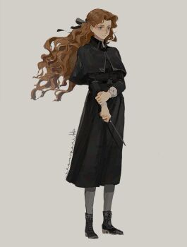 1girl black_dress black_ribbon black_shoes blue_eyes closed_mouth dress floating_hair full_body gynger_edventray_(hiiragimare) hair_ribbon highres hiiragimare hogwarts_legacy holding holding_wand long_dress long_hair original red_hair ribbon shoes simple_background solo standing wand white_background wizarding_world