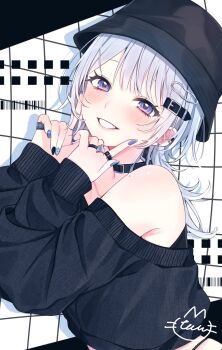 1girl bare_shoulders belt_collar black_hat black_nails black_sweater blue_eyes blue_nails bucket_hat collar commentary grey_hair hair_ornament hairclip hat highres ippers jewelry long_sleeves looking_at_viewer medium_hair multiple_rings nekotora_(nekotora0116) off-shoulder_sweater off_shoulder original parted_lips ring smile sweater symbol-only_commentary upper_body
