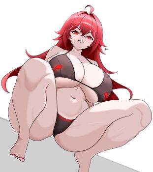 1girl ahoge bikini breasts cleavage goddess_of_victory:_nikke hair_between_eyes highres huge_breasts large_breasts long_hair looking_at_viewer nihilister_(nikke) r3end red_eyes red_hair sidelocks simple_background smile solo squatting swimsuit white_background