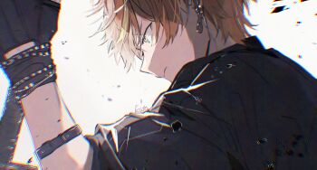 1boy black_gloves black_shirt earrings fingerless_gloves frown glitch gloves green_eyes highres jewelry kuuu_ilst project_sekai shinonome_akito shirt short_sleeves solo watermark white_background