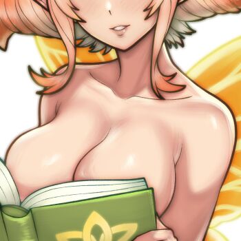 1girl blonde_hair book breasts drill_hair eyes_out_of_frame fairy fairy_wings fire_emblem fire_emblem_heroes head_out_of_frame holding holding_book medium_breasts nintendo open_book peony_(fire_emblem) rotomdocs simple_background smile solo twintails upper_body white_background wings