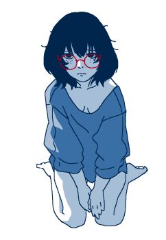 1girl barefoot black_hair full_body glasses gosari_draw highres looking_at_viewer messy_hair original red-framed_eyewear semi-rimless_eyewear shirt short_hair sitting solo under-rim_eyewear wariza