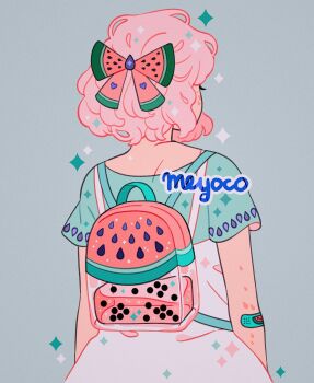 1girl artist_name backpack bag bandaid bow bubble_tea food from_behind fruit grey_background hair_bow heart highres liquid meyoco original pink_hair short_hair short_sleeves simple_background solo transparent upper_body watermelon