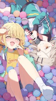 2girls ball_pit bare_legs blonde_hair blush braid colored_eyelashes fang fujita_kotone gakuen_idolmaster hair_spread_out holding holding_microphone idolmaster legs_up looking_at_viewer lying microphone millet_pepper multiple_girls nervous_smile no_shoes nose_blush on_back on_side orange_eyes shinosawa_hiro skin_fang smile socks twin_braids twitter_username white_socks yellow_eyes