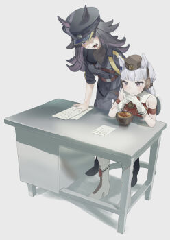 2girls absurdres animal_ears armband black_boots black_hair black_jacket black_pants black_shirt blunt_bangs blush boots bow bowtie breasts brown_hat chair closed_mouth coffee commentary_request cup desk dress ear_bow ears_through_headwear fenomeno_(black_flames_of_the_righteous_spirit)_(umamusume) fenomeno_(umamusume) gloves gold_ship_(red_strife)_(umamusume) gold_ship_(umamusume) hat highres horse_ears horse_girl horseshoe_hat_ornament horseshoe_ornament jacket long_hair long_sleeves multicolored_hair multiple_girls on_chair open_mouth pants pantyhose peaked_cap pillbox_hat purple_eyes purple_hair red_dress shirt shunka_shuto sitting sleeveless sleeveless_dress striped_armband striped_clothes table umamusume white_boots white_gloves white_pantyhose