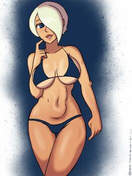 1girl angel_(kof) bikini blue_eyes breasts curvy female_focus georgezero huge_breasts large_breasts looking_at_viewer pale_skin panties short_hair smile standing swimsuit tan the_king_of_fighters thick_thighs thighs tight_clothes tilio underboob underwear white_hair wide_hips