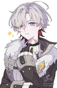 1boy ahoge black_gloves blue_eyes coat earrings fur_trim genshin_impact gloves highres illuga_(genshin_impact) jacket jewelry long_sleeves looking_at_viewer multicolored_hair red_pupils scar scar_on_neck scar_on_shoulder single_earring solo solo_focus synziac teeth watermark white_background