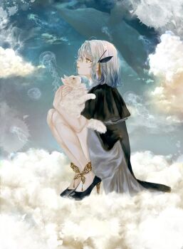 Rule 34 | 1girl, animal, cat, ciel (kamitsubaki studio), cloud, commentary request, dress, full body, high heels, highres, holding, holding animal, holding cat, jellyfish, kamitsubaki studio, light smile, looking up, profile, shirone (coxo ii), short hair, sky, solo, squatting, surreal, whale, white eyes, white hair