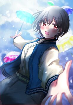 Rule 34 | 1girl, absurdres, asahi rise, bang dream!, bang dream! it's mygo!!!!!, blue jacket, blue umbrella, blush, chihaya anon, commentary, earrings, green umbrella, grey hair, grey skirt, highres, jacket, jewelry, kaname raana, long sleeves, looking at viewer, mygo!!!!! (bang dream!), nagasaki soyo, open clothes, open jacket, open mouth, pink umbrella, red eyes, shiina taki, shirt, short hair, skirt, solo, symbolism, takamatsu tomori, umbrella, white shirt, yellow umbrella