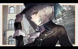 Rule 34 | 1girl, ascot, cityscape, coat, english text, grey eyes, grey hair, hair bun, hat, highres, holding, holding clothes, holding hat, long sleeves, looking at viewer, reverse:1999, siena (moratoriummaga), single side bun, solo, top hat, vertin (reverse:1999), white ascot