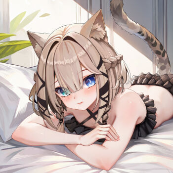 1girl absurdres animal_ears ass back bare_shoulders bed bikini black_bikini blue_eyes breasts brown_hair cat_ears cat_girl cat_tail chinese_commentary commentary_request green_eyes highres honkai_(series) honkai_impact_3rd indoors looking_at_viewer lying on_bed on_stomach pardofelis pillow solo swimsuit tail yibanluguojuanjuanzi