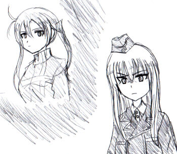 Rule 34 | 2girls, bellwall military uniform, black hat, black jacket, black skirt, ernest (sieg1945), garrison cap, girls und panzer, girls und panzer little army, grey shirt, hat, jacket, kuromorimine military uniform, kuromorimine school uniform, long hair, miniskirt, multiple girls, nakasuga emi, pink eyes, pink hair, red skirt, school uniform, sheska (girls und panzer), shirt, skirt, twintails