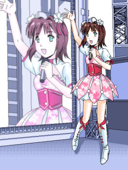 1990s_(style) 1girl amami_haruka blunt_bangs boots brown_hair bubble_skirt cherry_blossom_print cleavage_cutout clothing_cutout commentary corset dithering dress faux_retro_artstyle floral_print floral_print_dress flower footwear_ribbon full_body green_eyes hair_flower hair_intakes hair_ornament hair_ribbon highres holding holding_microphone idol idol_clothes idolmaster idolmaster_(classic) idolmaster_2 knee_boots looking_ahead microphone official_alternate_costume open_mouth pink_dress pixel_art pom_pom_(clothes) print_dress puffy_short_sleeves puffy_sleeves red_corset red_ribbon retro_artstyle ribbon sadmomiji screen screen_zoom short_dress short_hair short_sleeves skirt smile solo stage standing standing_on_one_leg symbol-only_commentary the_wild_strawberry_(idolmaster) truss waving white_boots white_flower white_sleeves