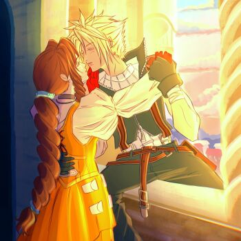 1boy 1girl aerith_gainsborough aerith_gainsborough_(garnet's_gown) arm_around_waist bandaged_wrist bandages belt black_gloves black_pants black_vest blonde_hair braid braided_ponytail brown_belt brown_hair choker cloud_strife cloud_strife_(zidane's_outfit) cosplay couple dress final_fantasy final_fantasy_vii final_fantasy_vii:_ever_crisis garnet_til_alexandros_xvii garnet_til_alexandros_xvii_(cosplay) gloves grey_choker hair_between_eyes hand_on_another's_cheek hand_on_another's_face hetero highres holding_hands imminent_kiss juliet_sleeves long_hair long_sleeves looking_at_another macyy707 official_alternate_costume orange_dress pants parted_bangs puffy_sleeves red_gloves shirt short_hair sidelocks single_braid sleeveless sleeveless_turtleneck spiked_hair suspenders sweater turtleneck turtleneck_sweater vest white_shirt white_sweater zidane_tribal zidane_tribal_(cosplay)