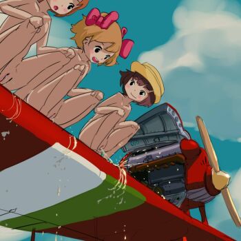 1990s_(style) 3girls aircraft airplane bad_id bad_pixiv_id blush blush_stickers bob_cut bow brown_hair cleft_of_venus cloud day eye_contact from_below groin hair_bow happy hat kurenai_no_buta lineup loli looking_at_another multiple_girls nude nudist orange_hair outdoors pee peeing peeing_together propeller public_indecency pussy red_bow retro_artstyle savoia_s.21 short_hair sky smile squatting studio_ghibli uncensored yamada_(gotyui)